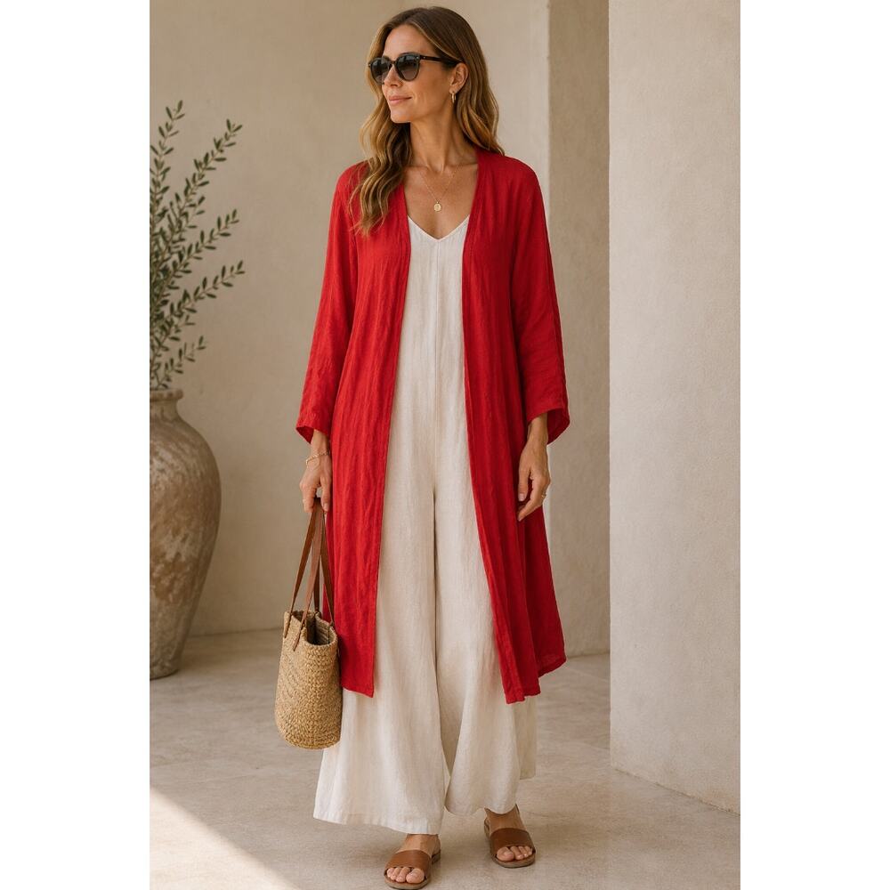 MAN IN THE STUDIO Oversized Longline Linen Cardigan Jacket Red OS NWT {PP52}